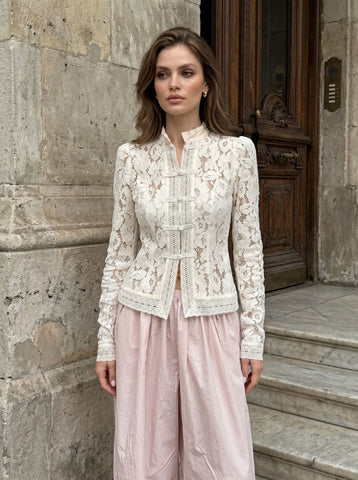 Elegant Lace Mandarin Collar Button Shirt