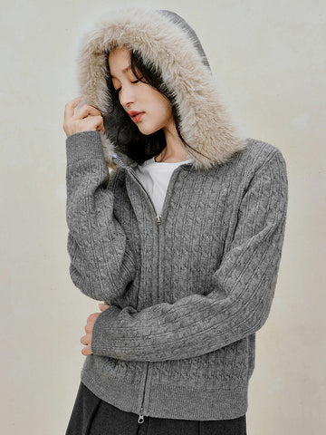 Faux Fur Hooded Cable Knit Cardigan