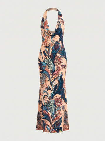 LILA Floral Print Cowl Neck Bodycon Midi Dress