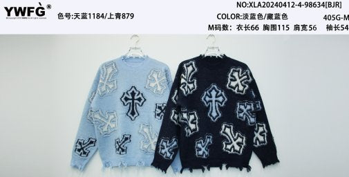 Distressed Grunge Cross Print Sweater