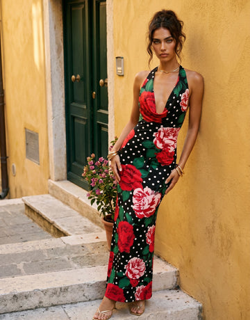 LILA Floral Print Cowl Neck Bodycon Maxi Dress
