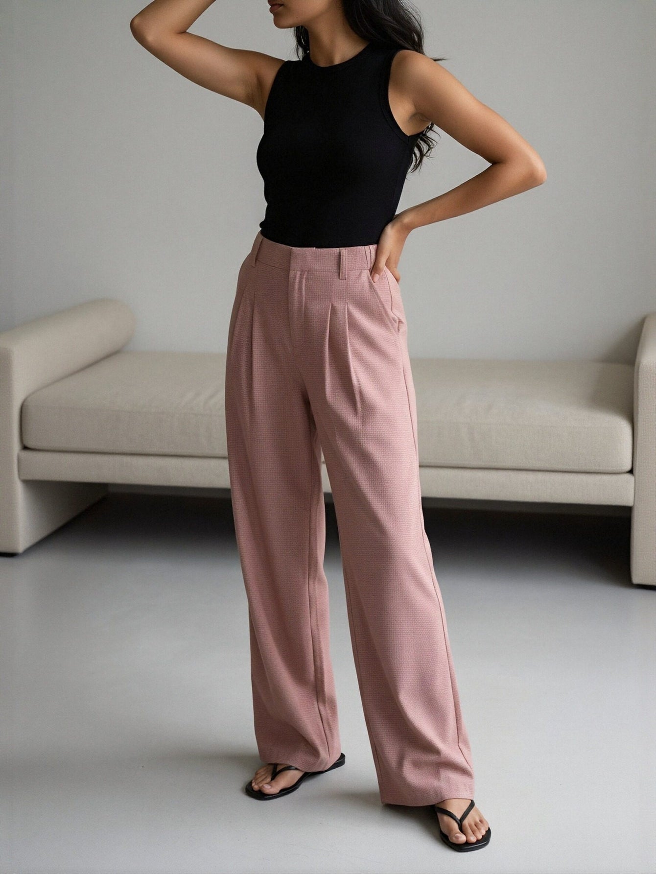 High-Waisted Wide-Leg Casual Pants-Pink