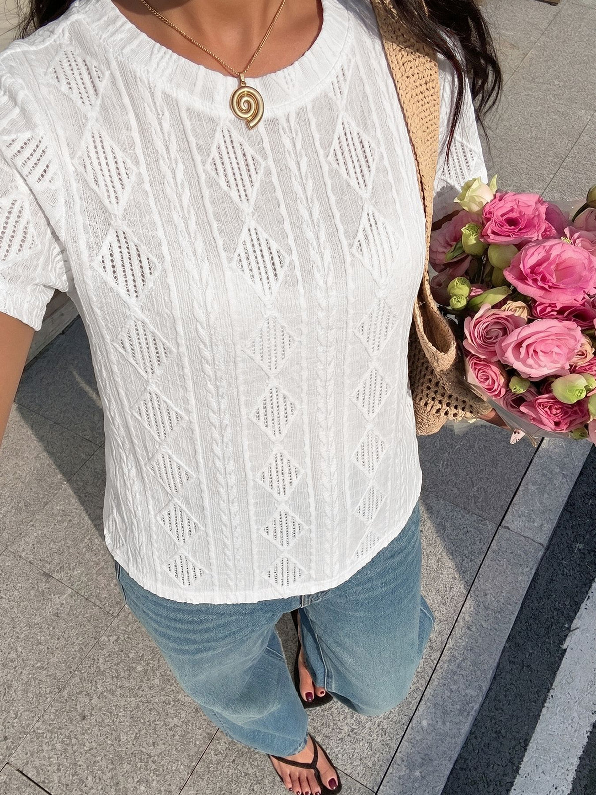 Textured Diamond Pattern Fitted T-Shirt