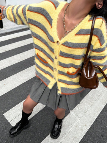 Fuzzy Striped V Neck Cardigan