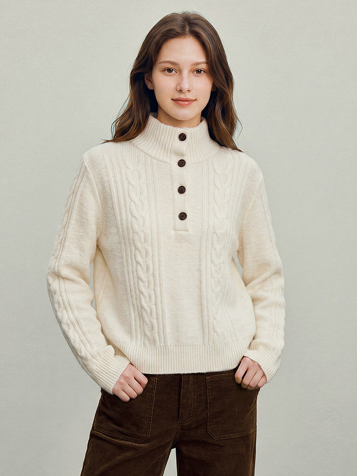 Cozy Cable Knit Button Mockneck Sweater