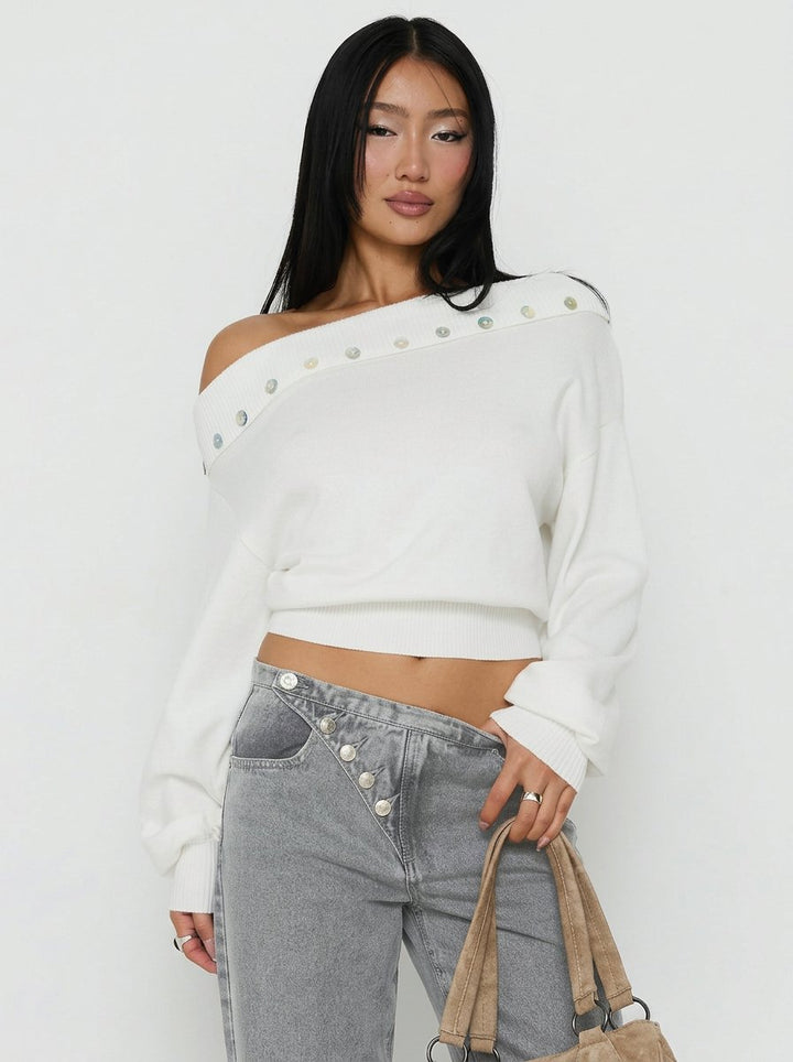 Button Trim Off Shoulder Sweater