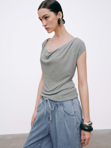 One Shoulder Capped Sleeve Knitted T-Shirts