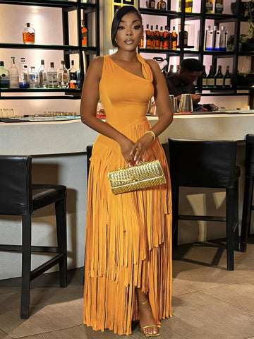 One Shoulder Fringed Maxi Dress