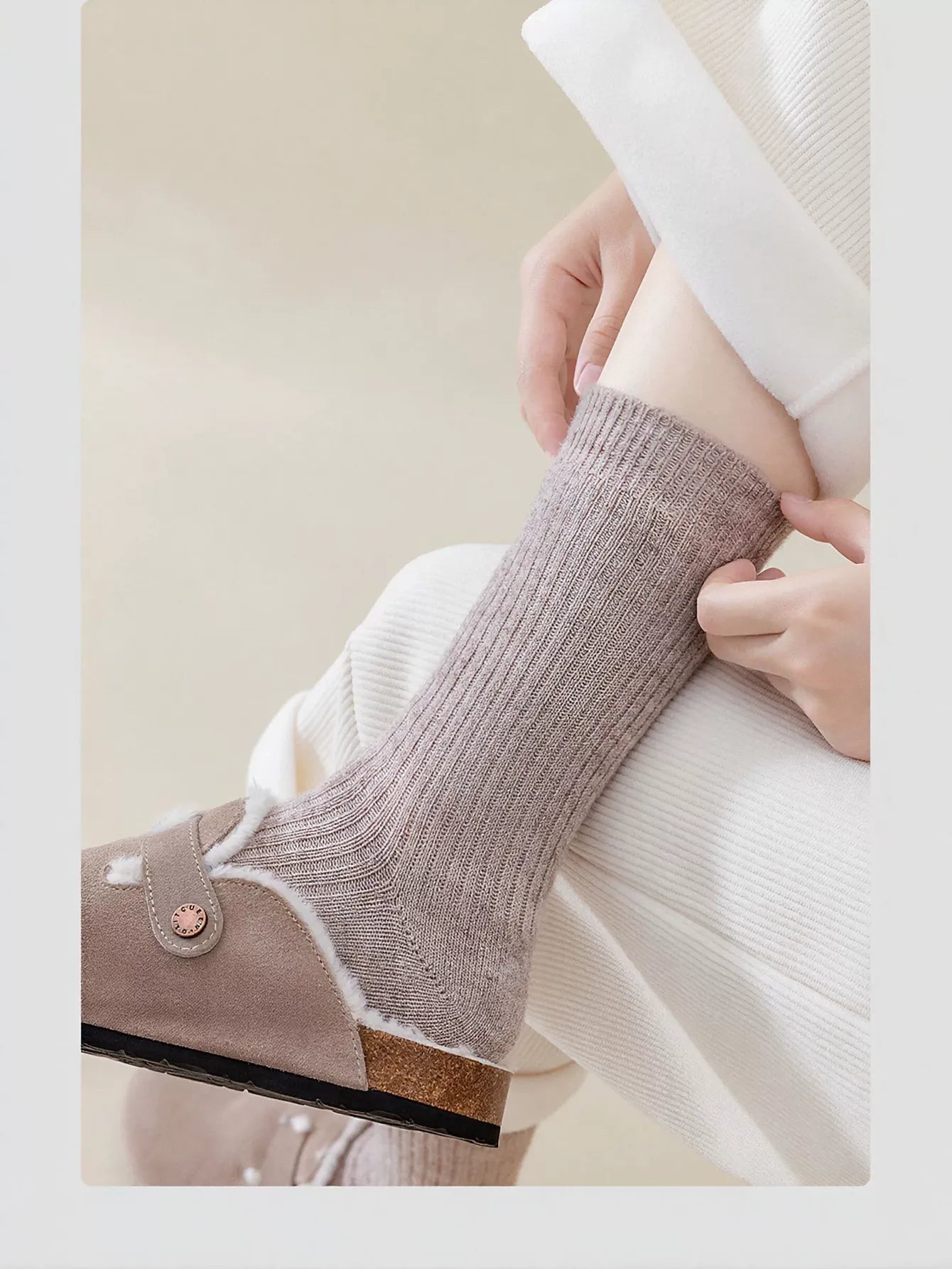 Cozy Ribbed Cream Crew Socks
