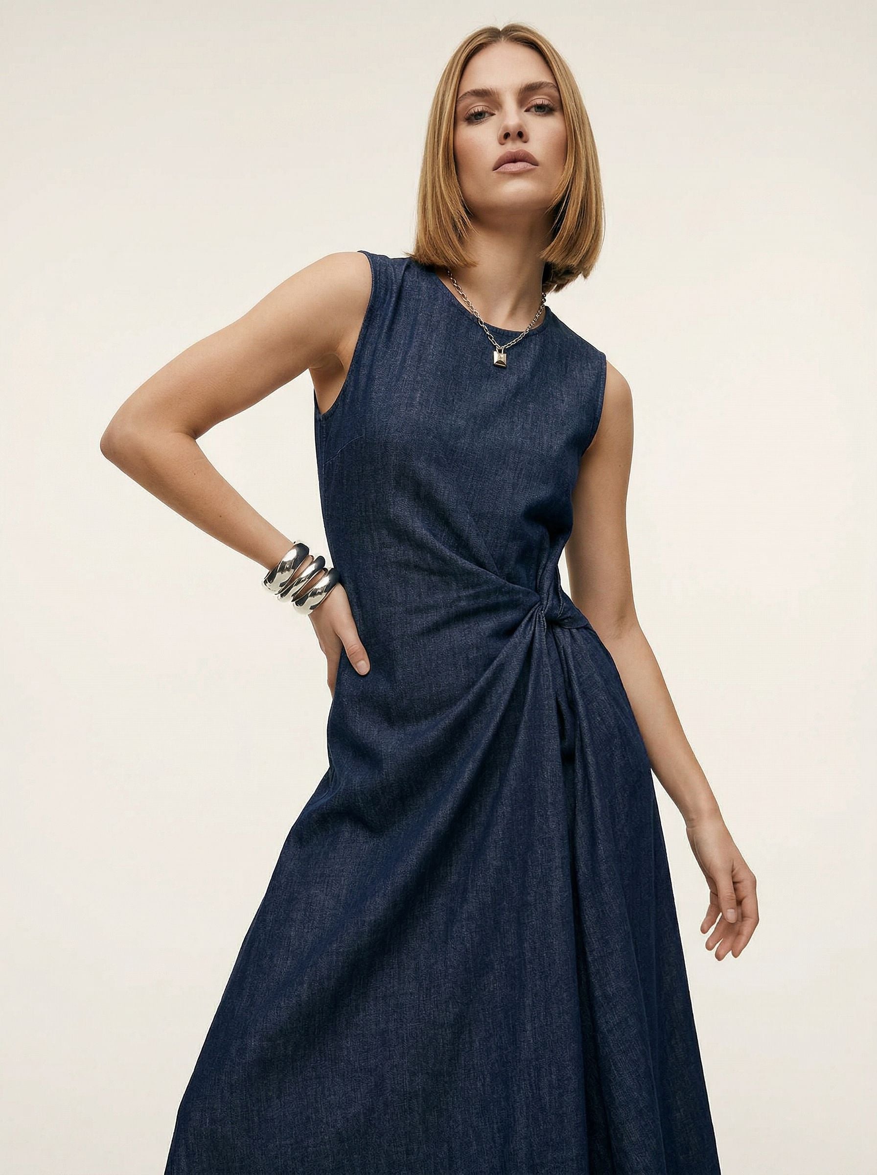 Urban Revivo Knot Front Sleeveless Denim Midi Dresses-Indigo