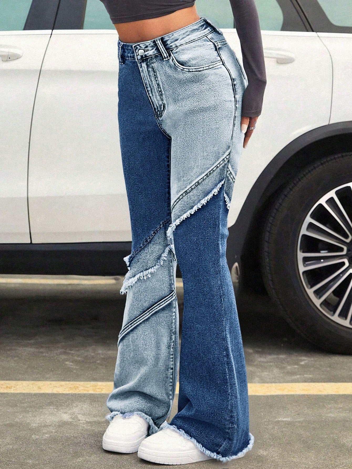Two Tone Distressed Wide Leg Jeans