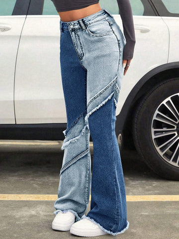 Two Tone Distressed Wide Leg Jeans