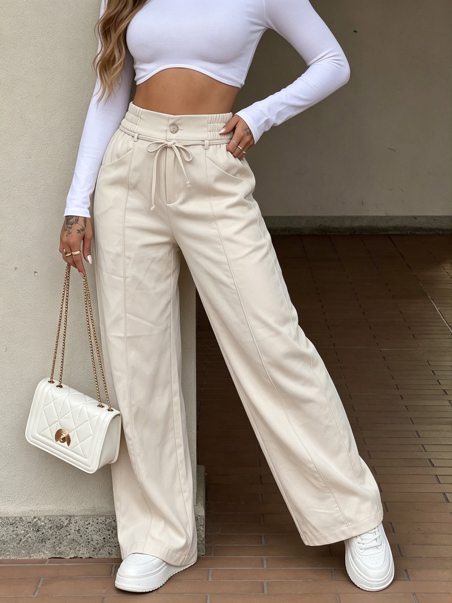 High Waisted Drawstring Wide Leg Pants