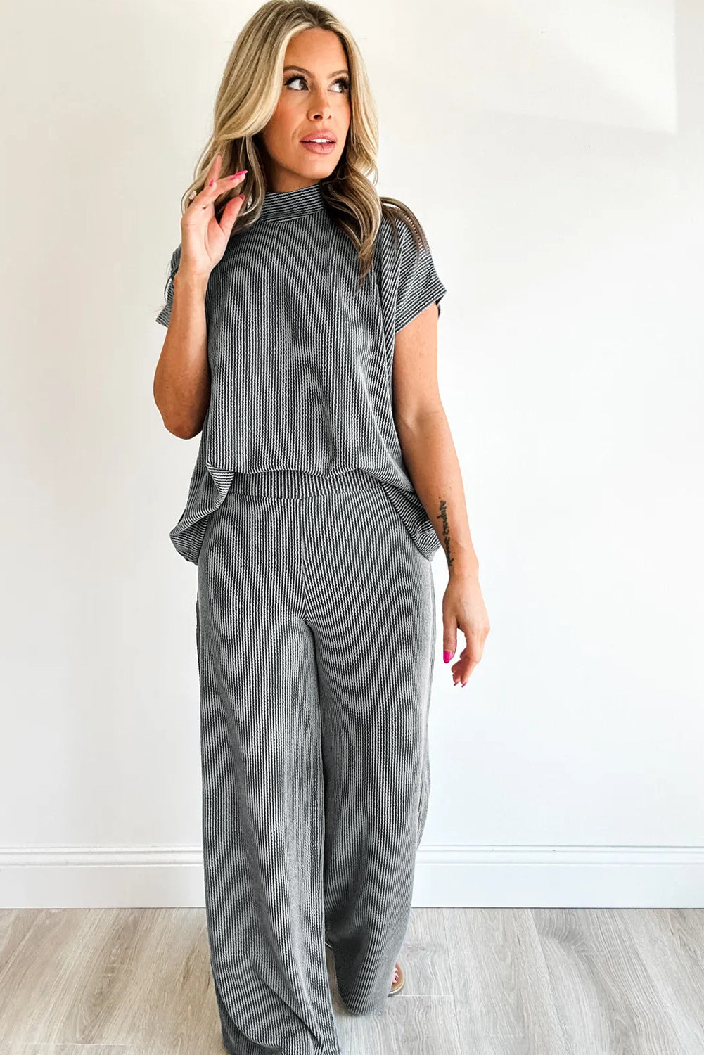 Striped High Neck Wide Leg Pants Set