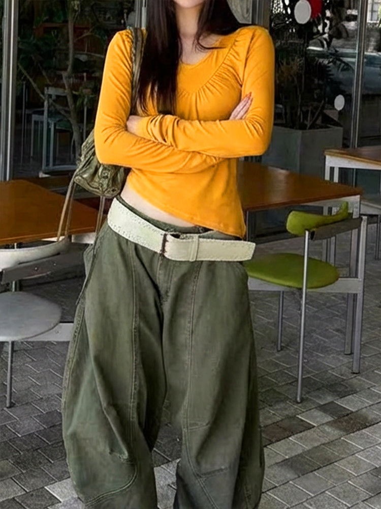 Ruched V Neck Long Sleeve Tee