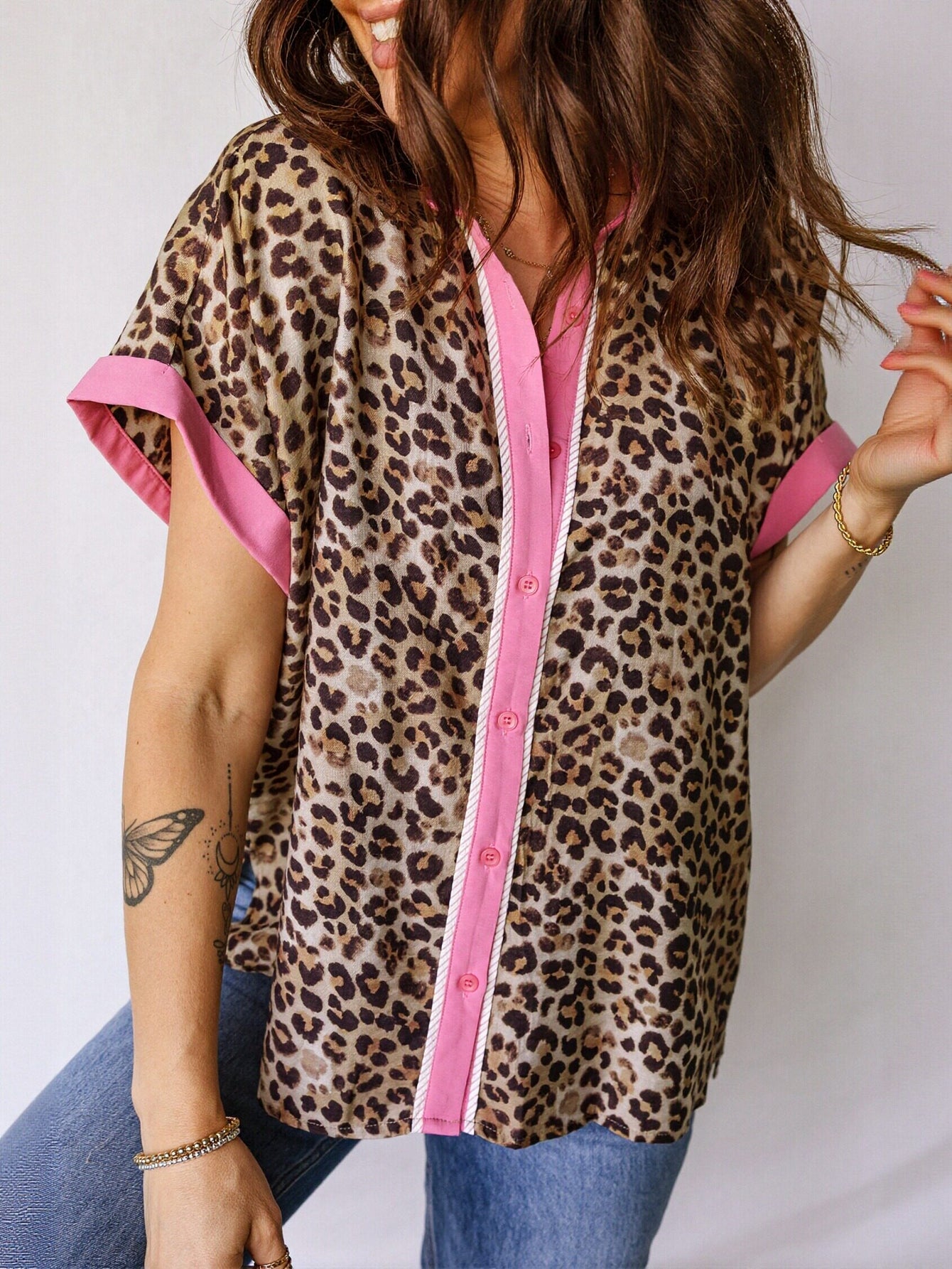 Leopard Print Contrast Button Down Shirt