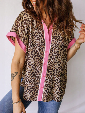 Leopard Print Contrast Button Down Shirt