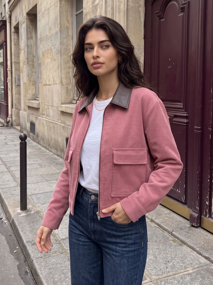 Contrast Collar Corduroy Zip Jacket