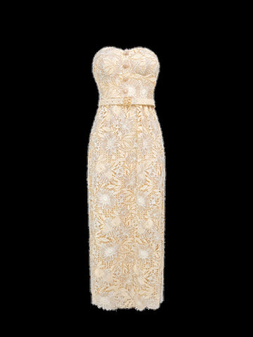 Strapless Floral Lace Belted Maxi Dress