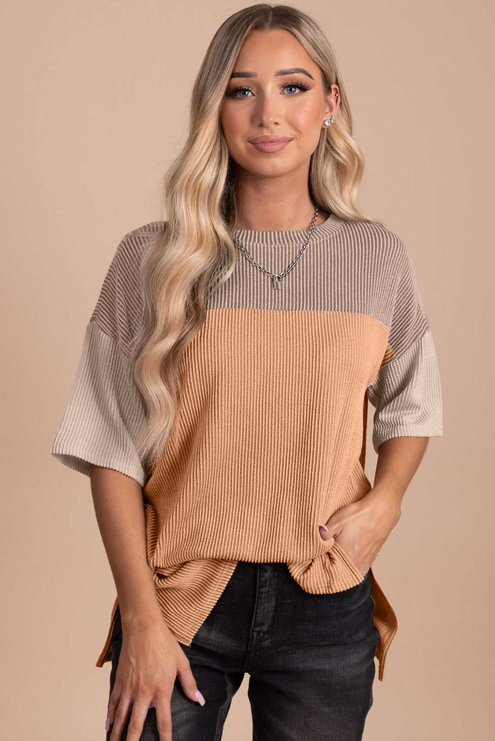 Colorblock Ribbed Knit Casual T-Shirt