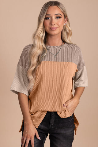 Colorblock Ribbed Knit Casual T-Shirt