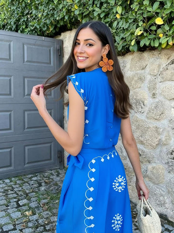 Embroidered Blue Two Piece Midi Skirt Set