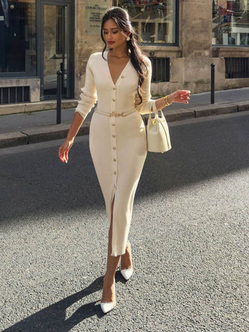 Elegant Button Down Ribbed Knit Dress
