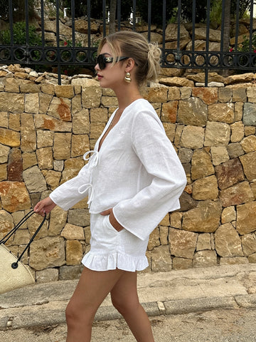 White Linen Tie Front Short Set