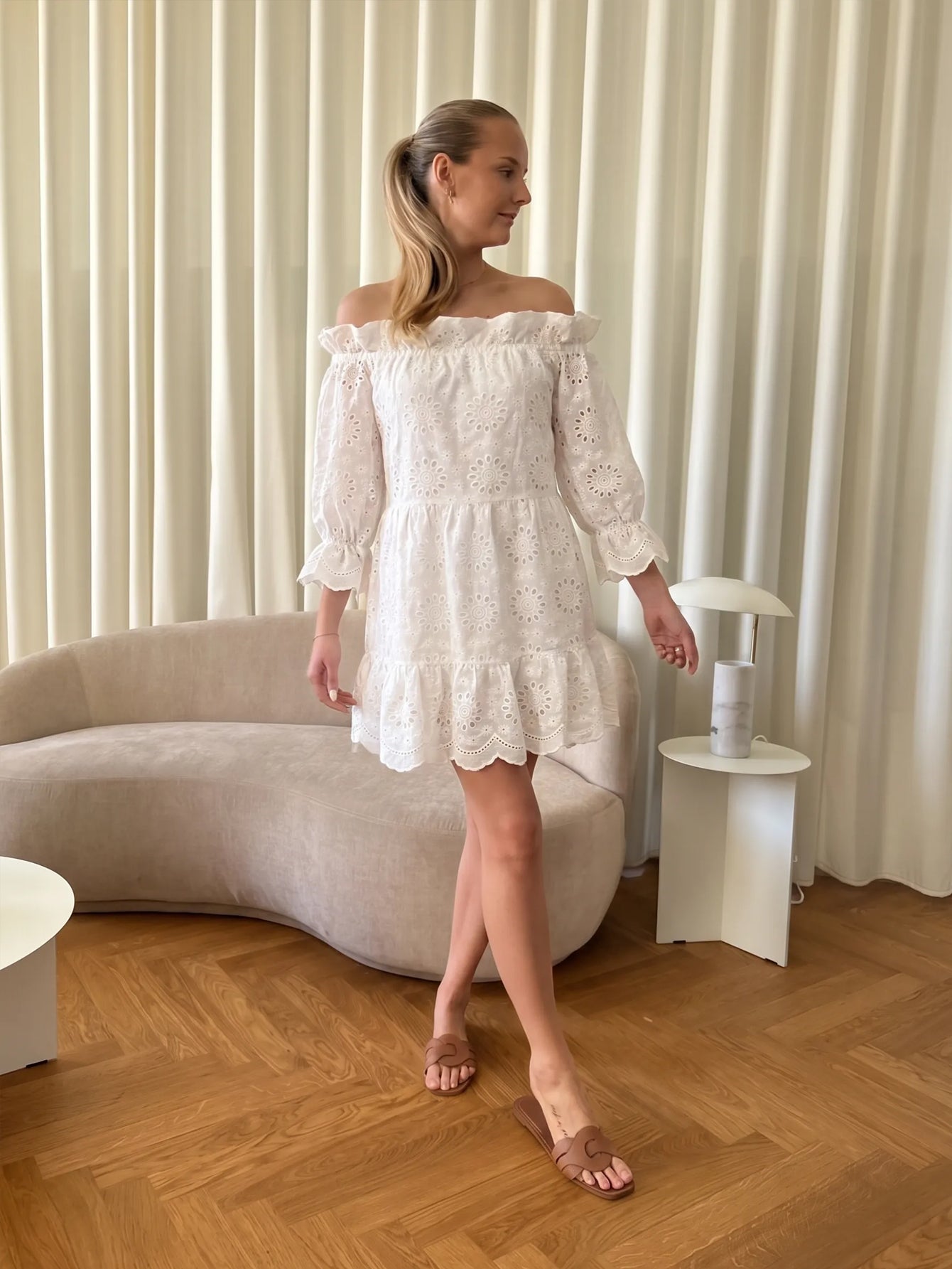Off Shoulder Eyelet Mini Dress