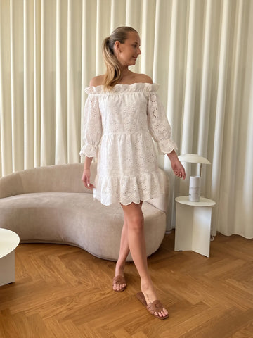 Off Shoulder Eyelet Mini Dress