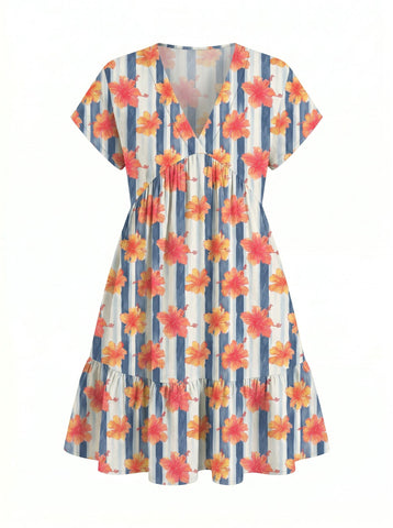 Floral Print V Neck Tiered Babydoll Mini Dress