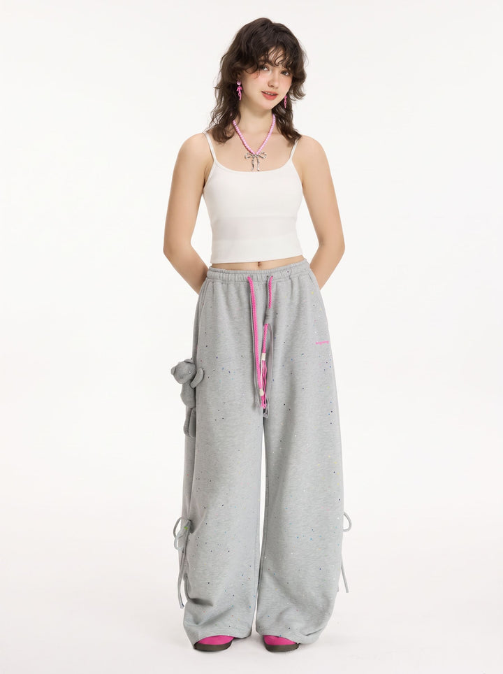 Drawstring Splatter Print Wide Leg Pants