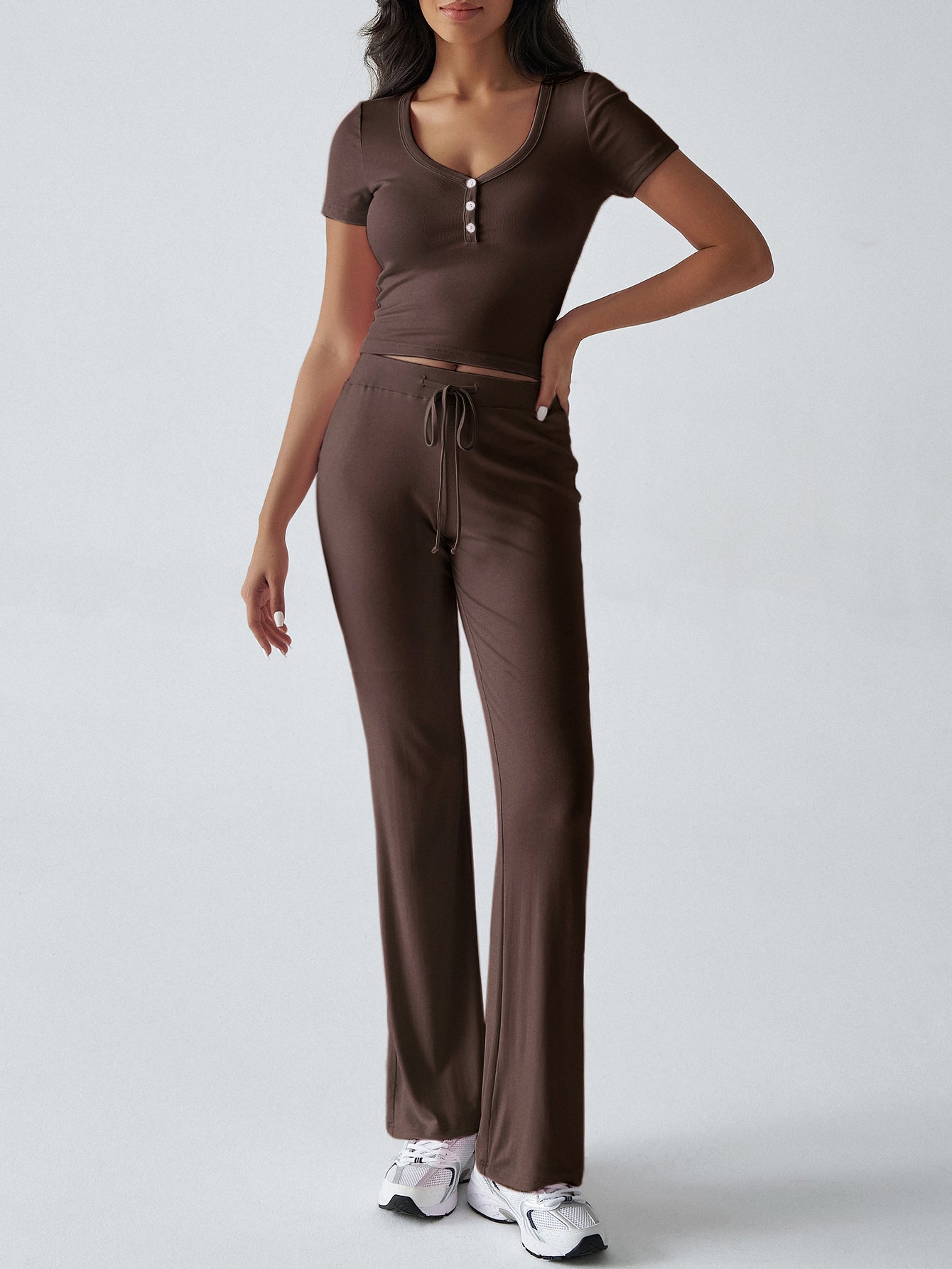 Short Sleeve Top High-Waisted Wide-Leg Pants Casual Set