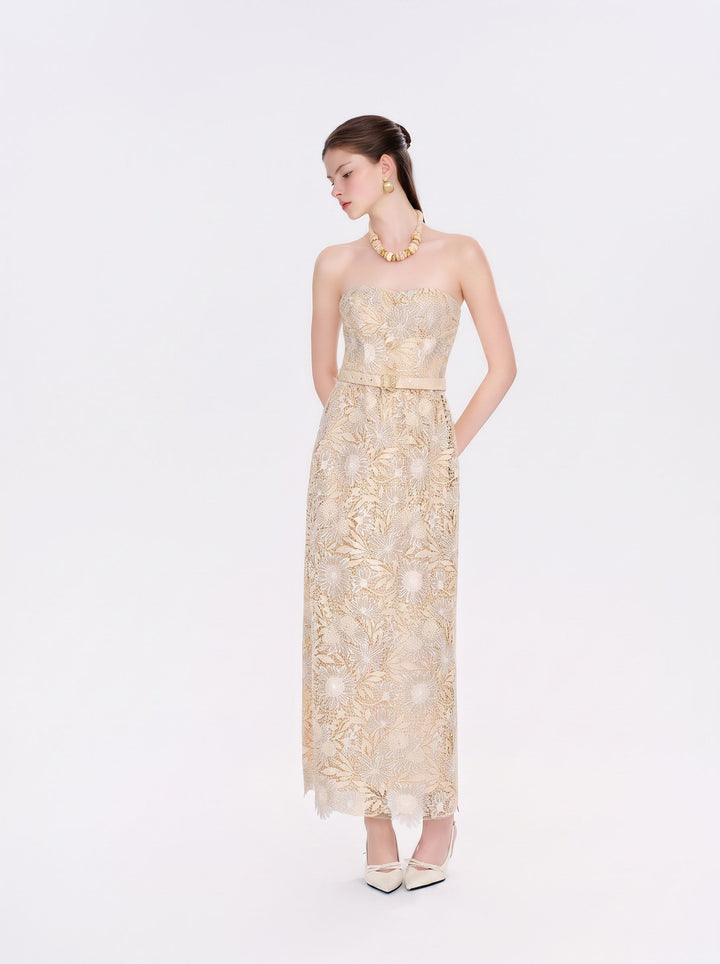 Strapless Floral Lace Belted Maxi Dress