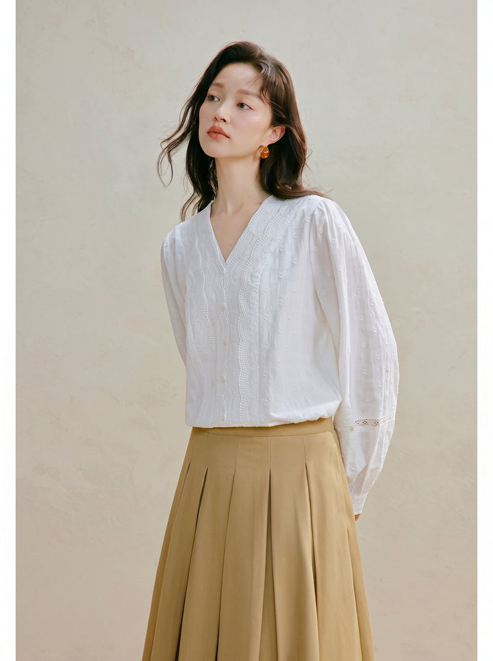 Embroidered Cotton V Neck Button Shirt