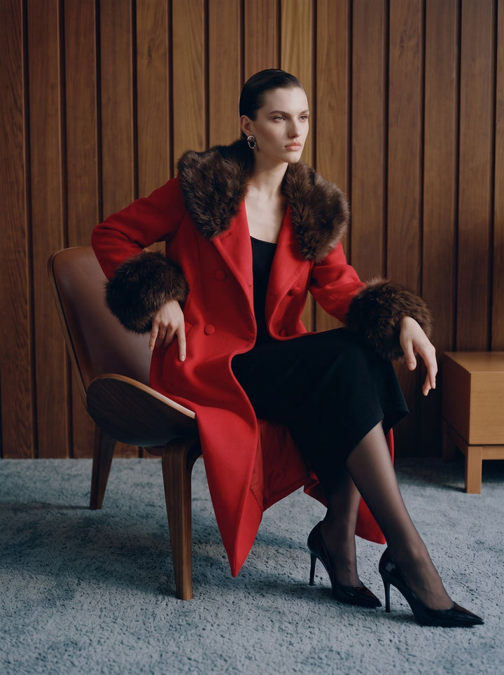Faux Fur Trim Double Breasted Coat