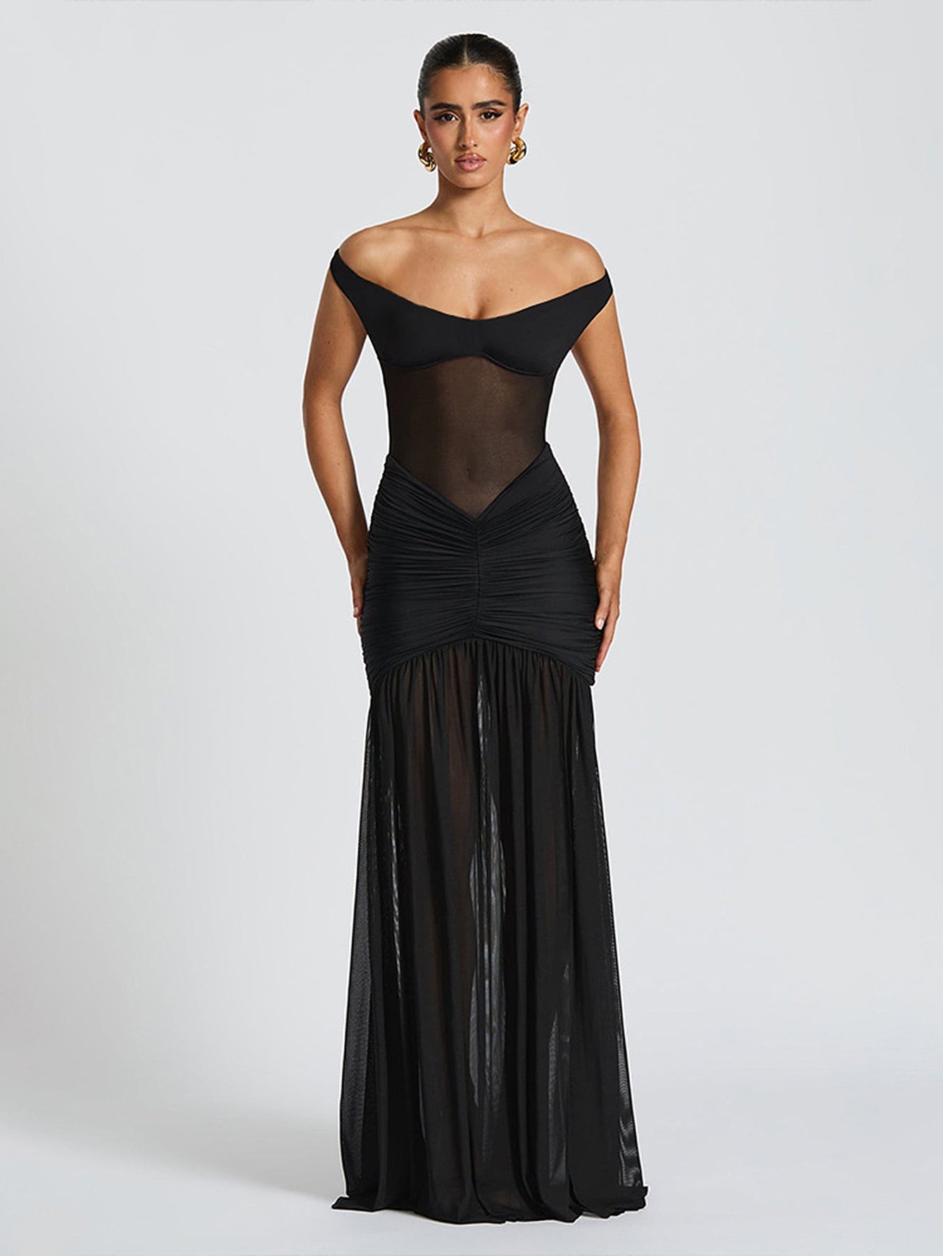 Off Shoulder Sheer Panel Sexy Maxi Dress