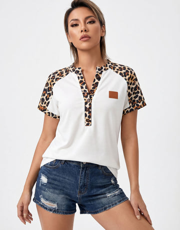 Leopard Trim Button Front Edgy T-Shirt