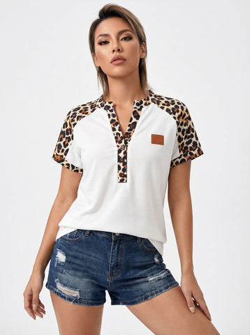 Leopard Trim Button Front Edgy T-Shirt