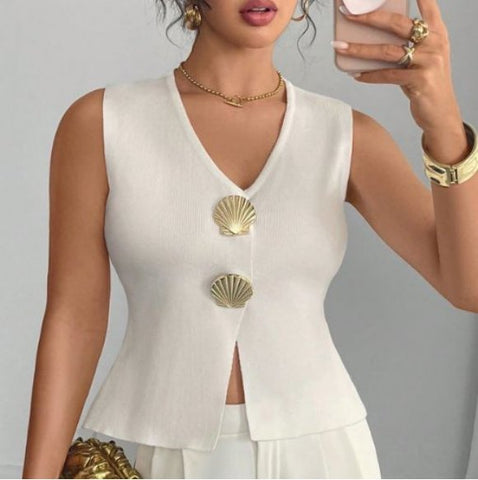 Ribbed Shell Button V Neck Vest