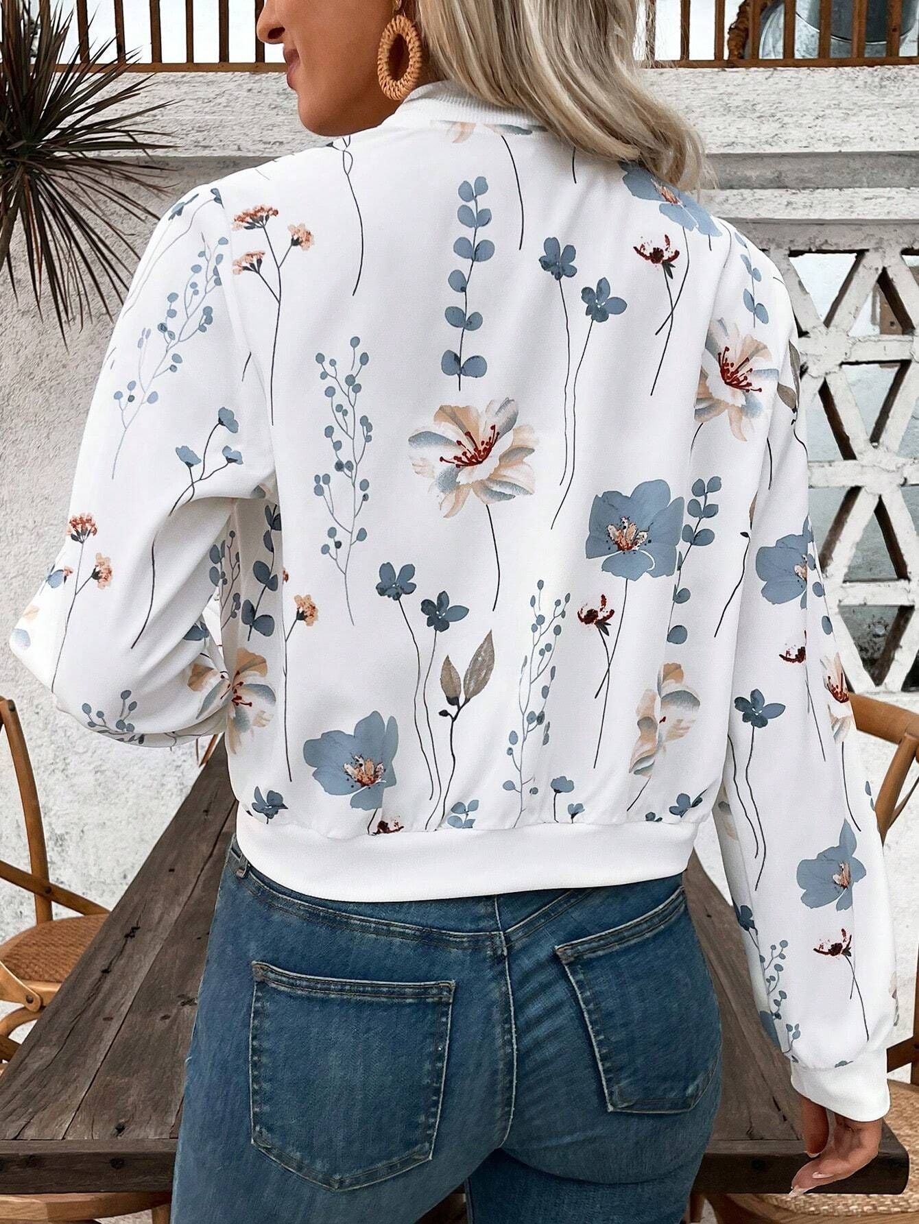 Floral Print Zip Up Bomber Jacket