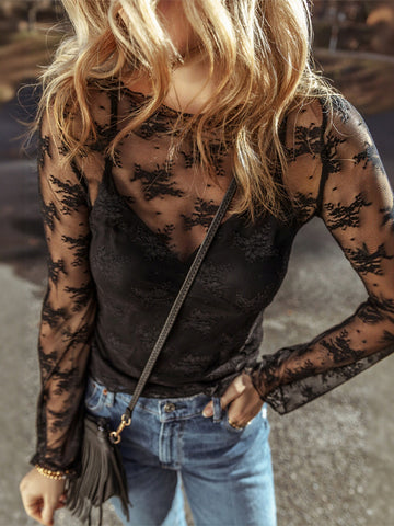 Sheer Floral Lace Long Sleeve Top