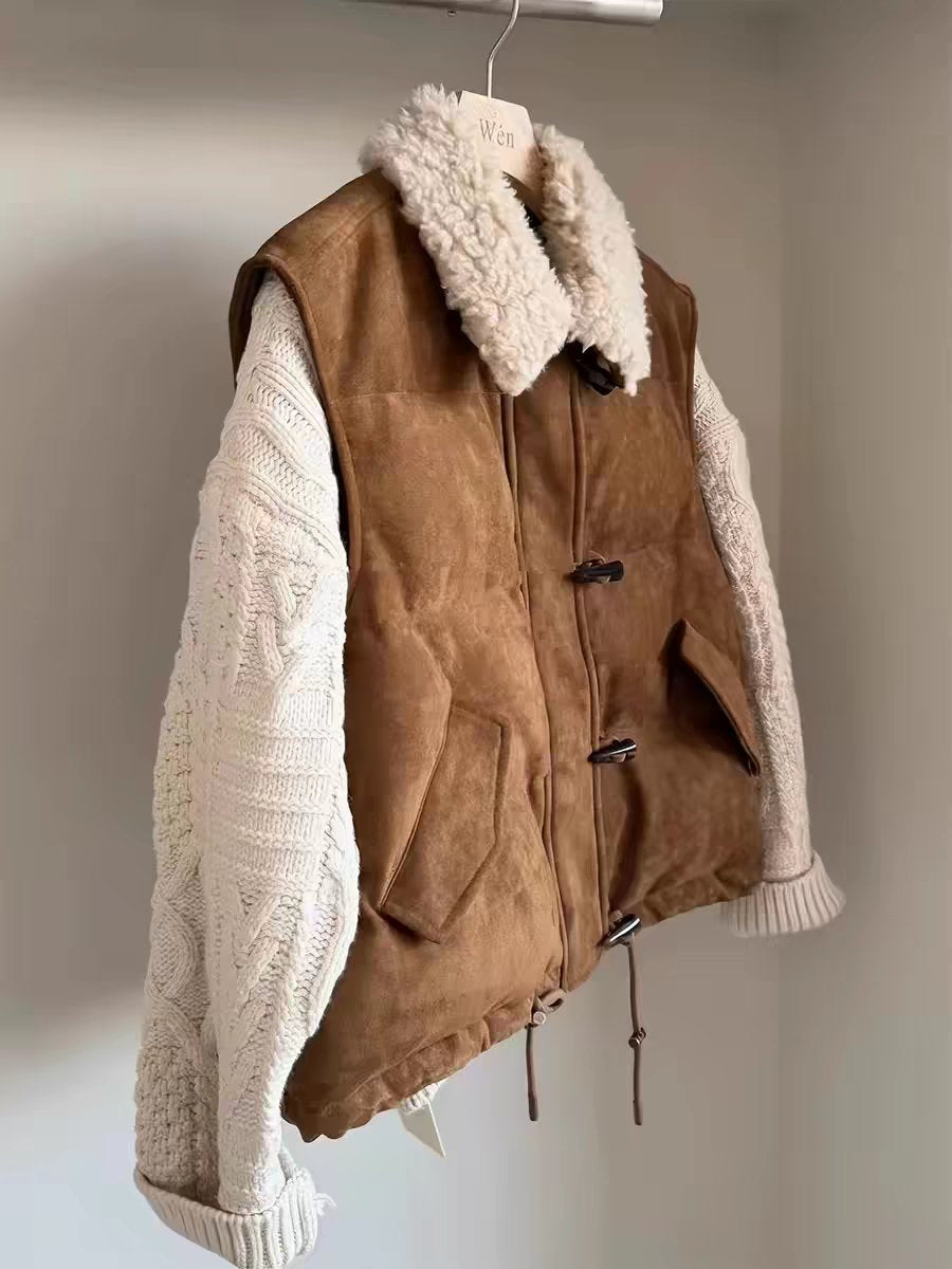Faux Suede Sherpa Collar Puffer Vest