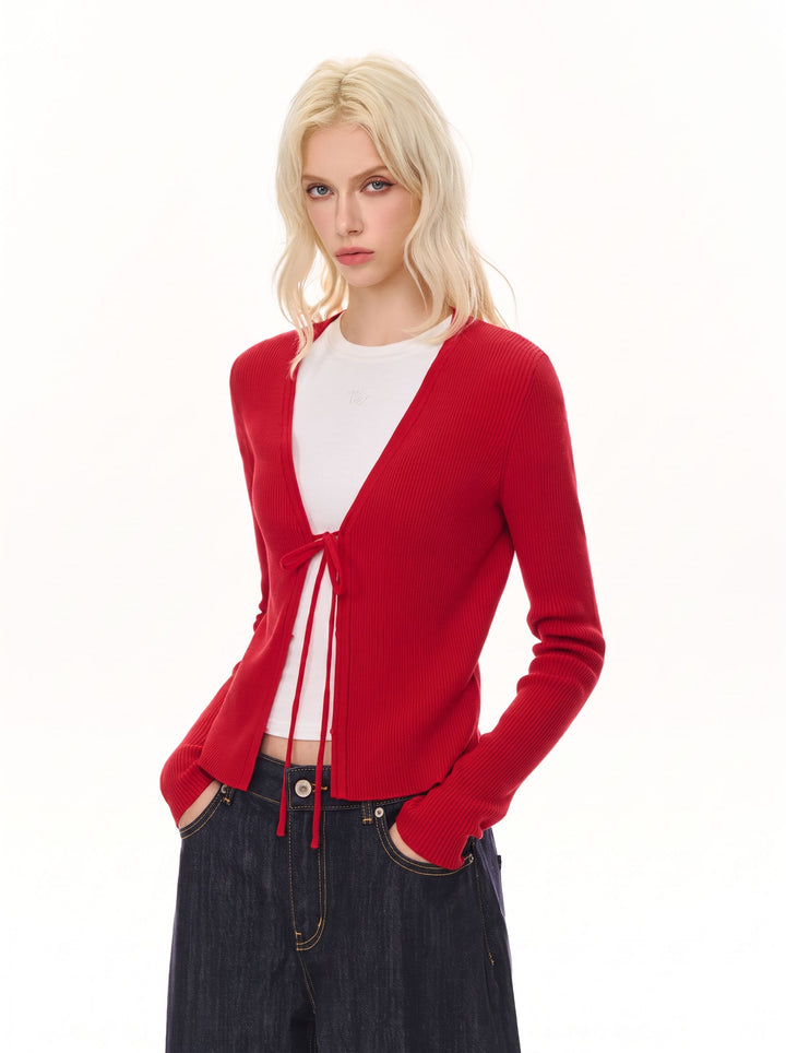 Cropped Tie Front Ribbed Cardigan