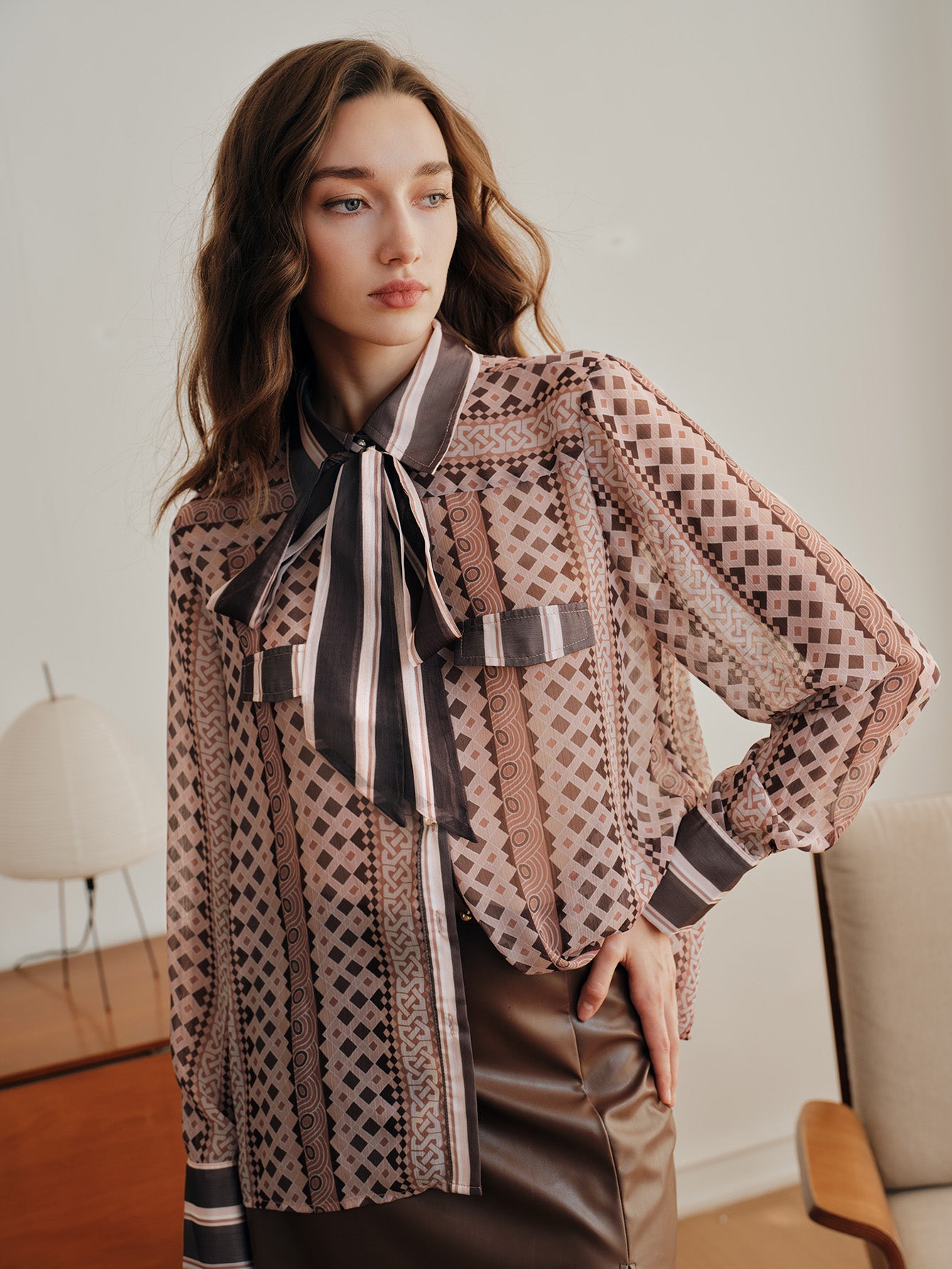 Elegant Geometric Print Tie Neck Shirt