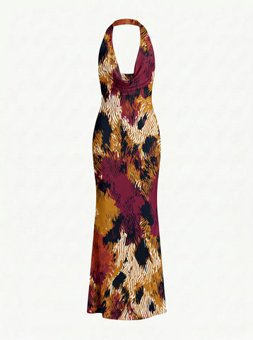 LILA Floral Print Cowl Neck Bodycon Midi Dress