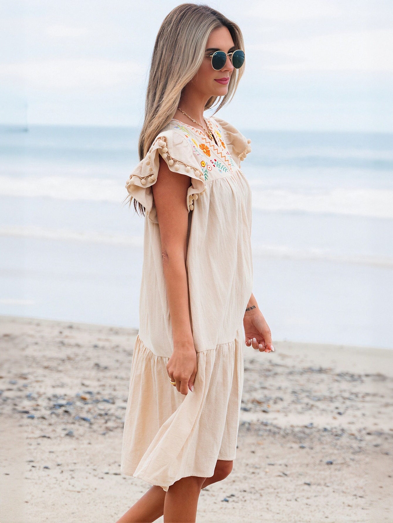 Embroidered Floral Loose Fit Midi Dress