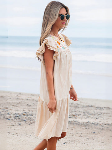 Embroidered Floral Loose Fit Midi Dress