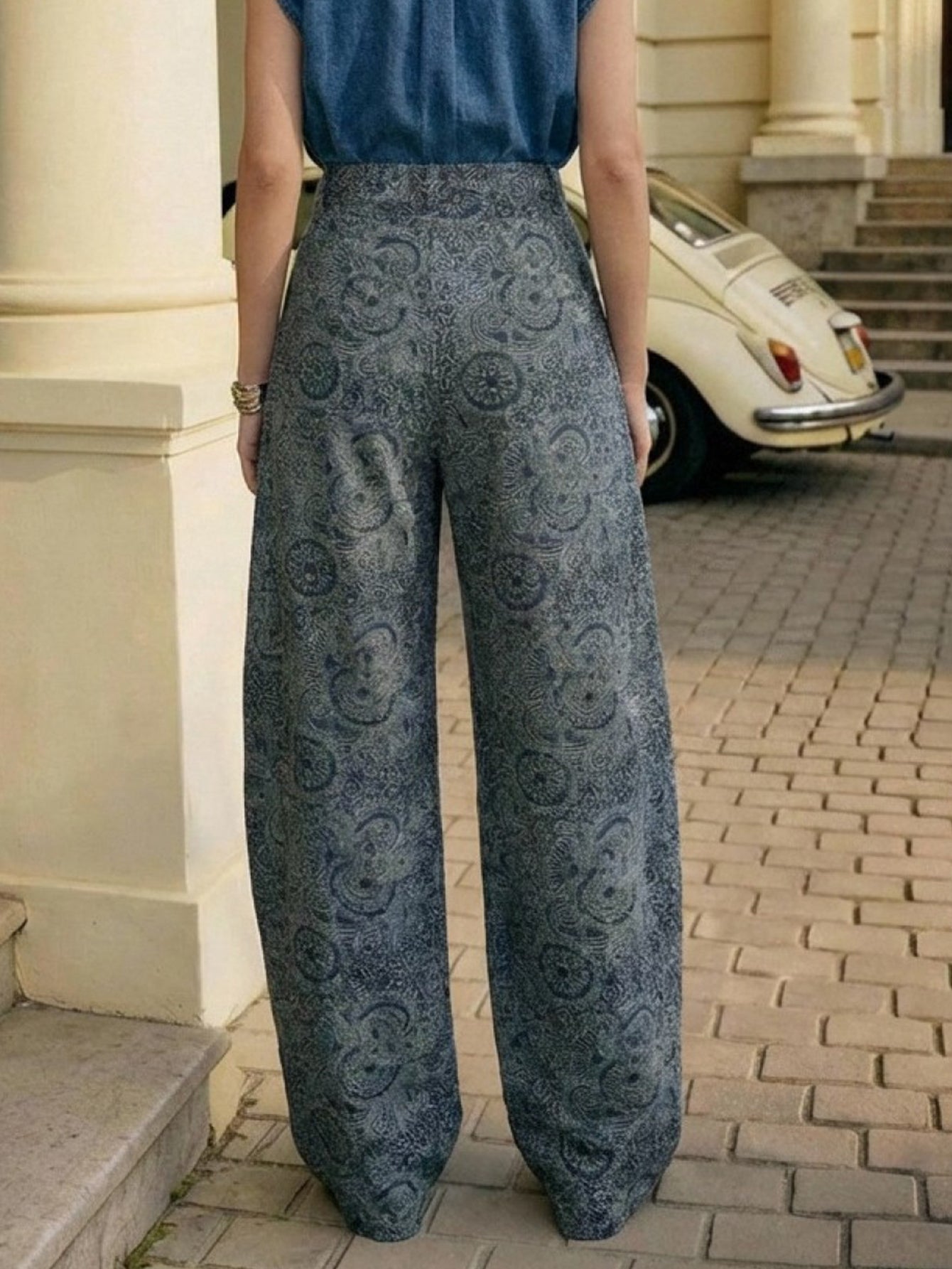 Printed High Waisted Wide Leg Jeans