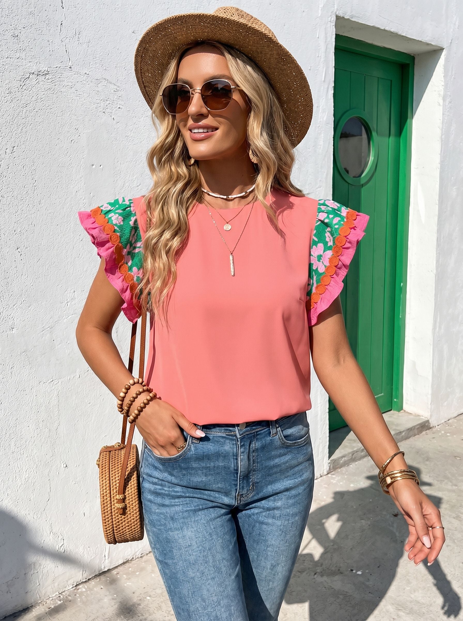 Floral Trim Sleeves Solid T-Shirt